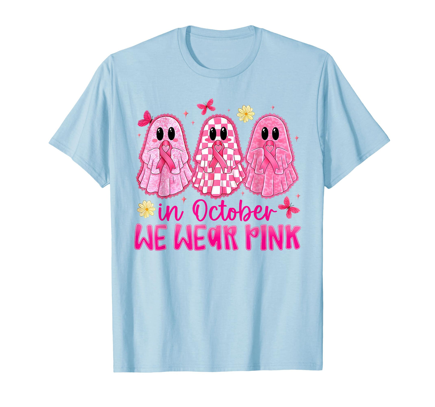 in October We Wear Pink Ghosts Halloween Breast Cancer Women T-Shirt