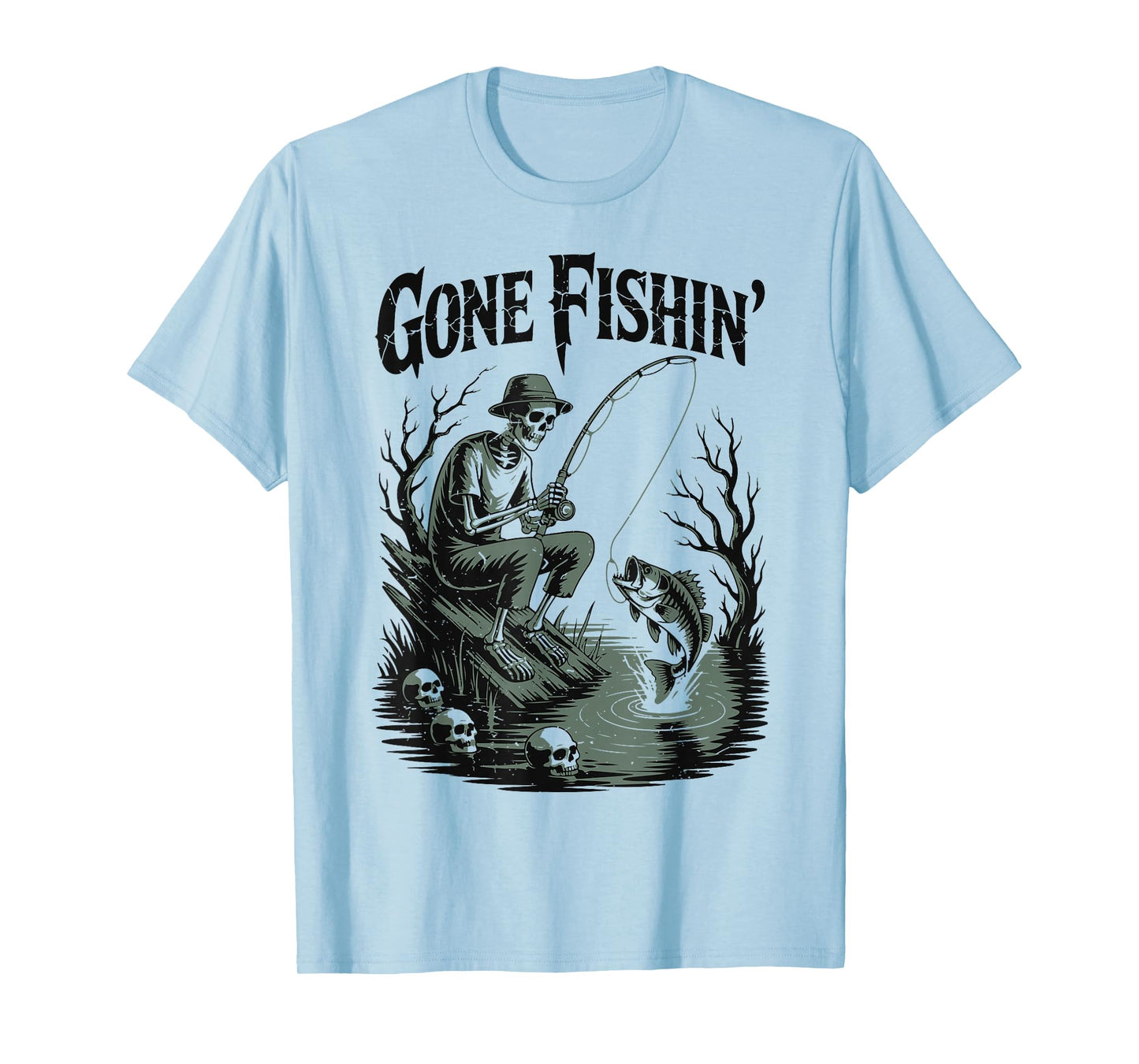 Gone Fishing Skeleton Halloween Bass Fish Funny Fisherman T-Shirt