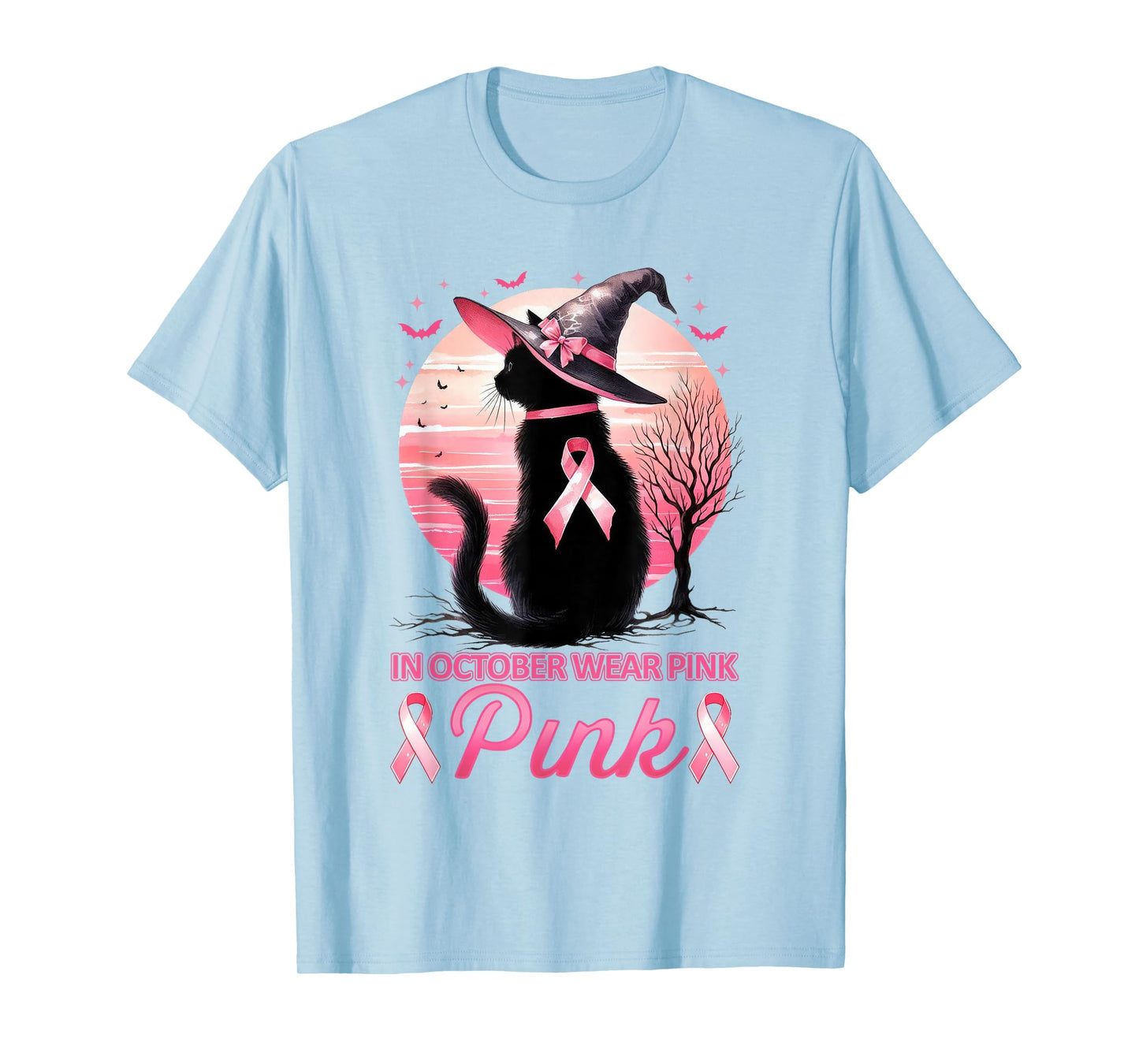 Cat In October We Wear Pink Ribbon Breast Cancer Awareness T-Shirt