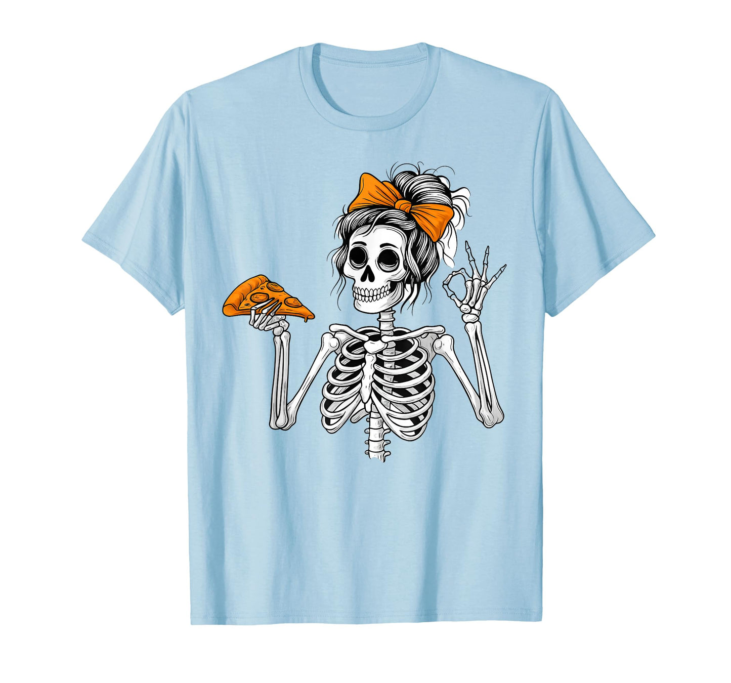 Halloween Skeleton Messy Bun Pizza Funny Spooky Costume T-Shirt
