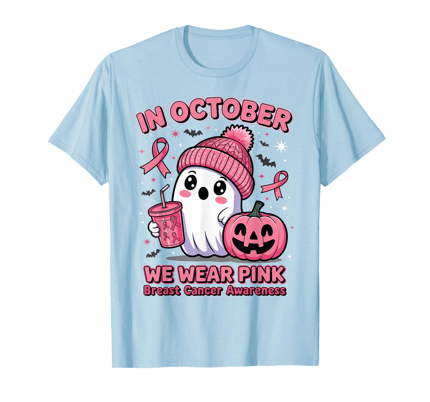 in October We Wear Pink Ghost Halloween Breast Cancer Women T-Shirt