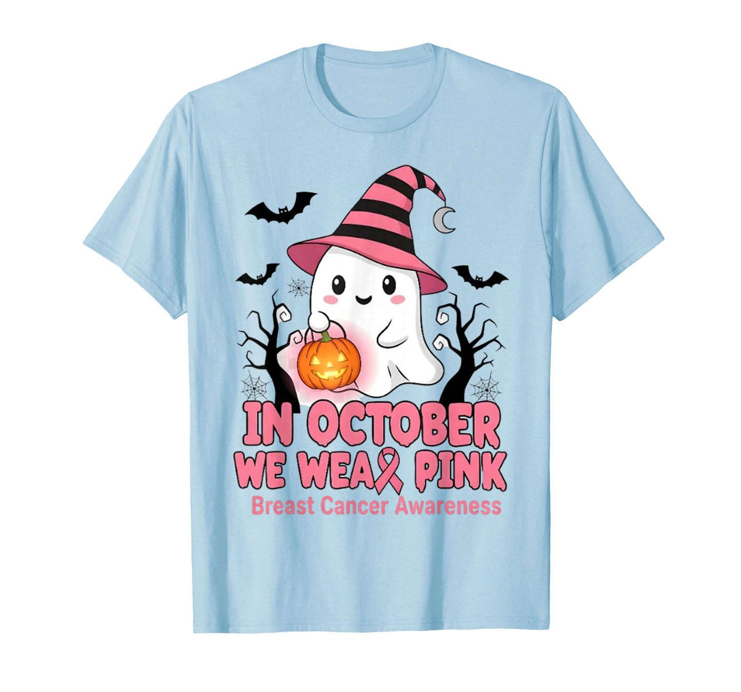 in October We Wear Pink Ghost Witch Breast Cancer Awareness T-Shirt