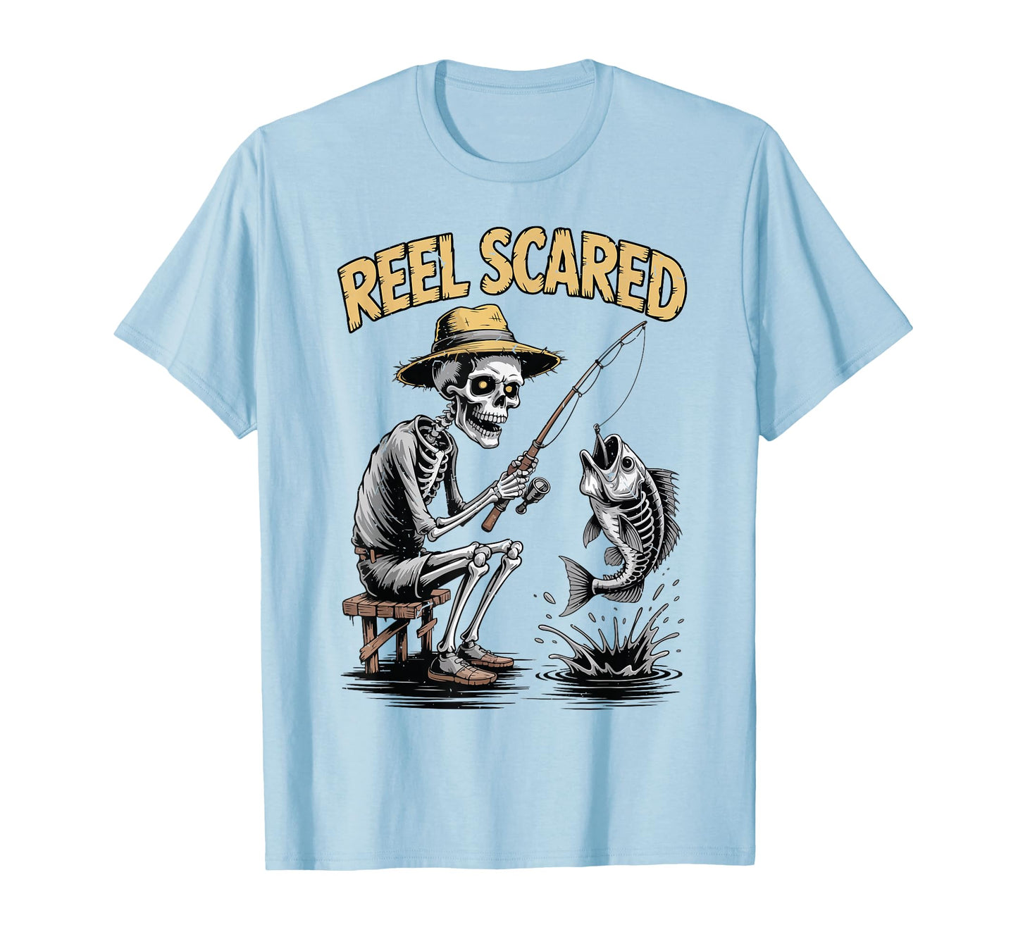 Youth Reel Scared Skeleton Fishing Halloween Funny Fisherman T-Shirt