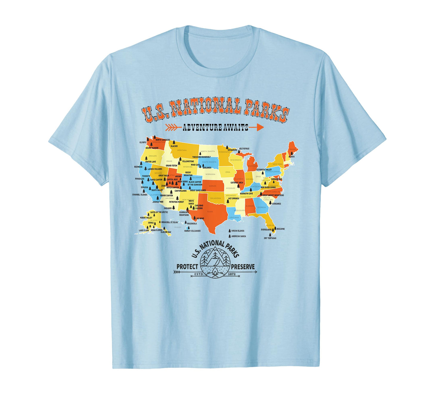 U.S. National Park Hiking Map - All 63 US National Parks Map T-Shirt