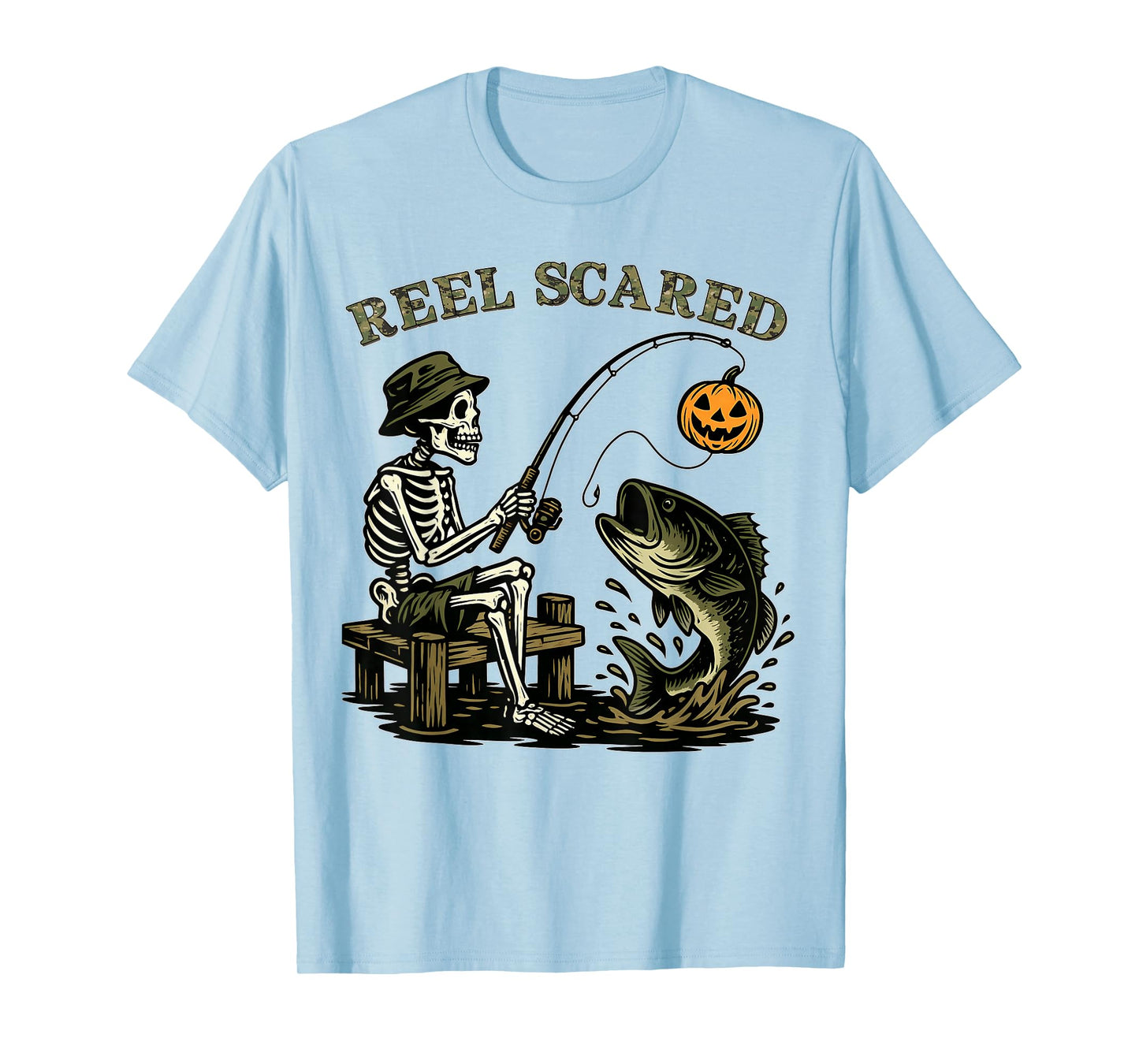 Reel Scared Camo Halloween Fishing Bass Skeleton Fisherman T-Shirt