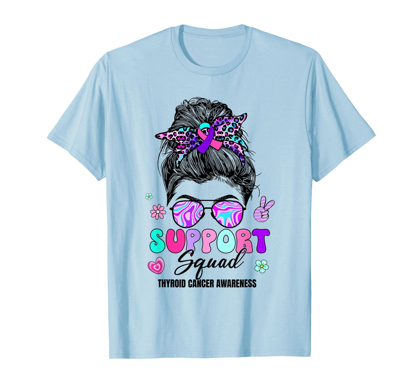 Support Squad Messy Bun Thyroid Cancer Awareness Groovy T-Shirt