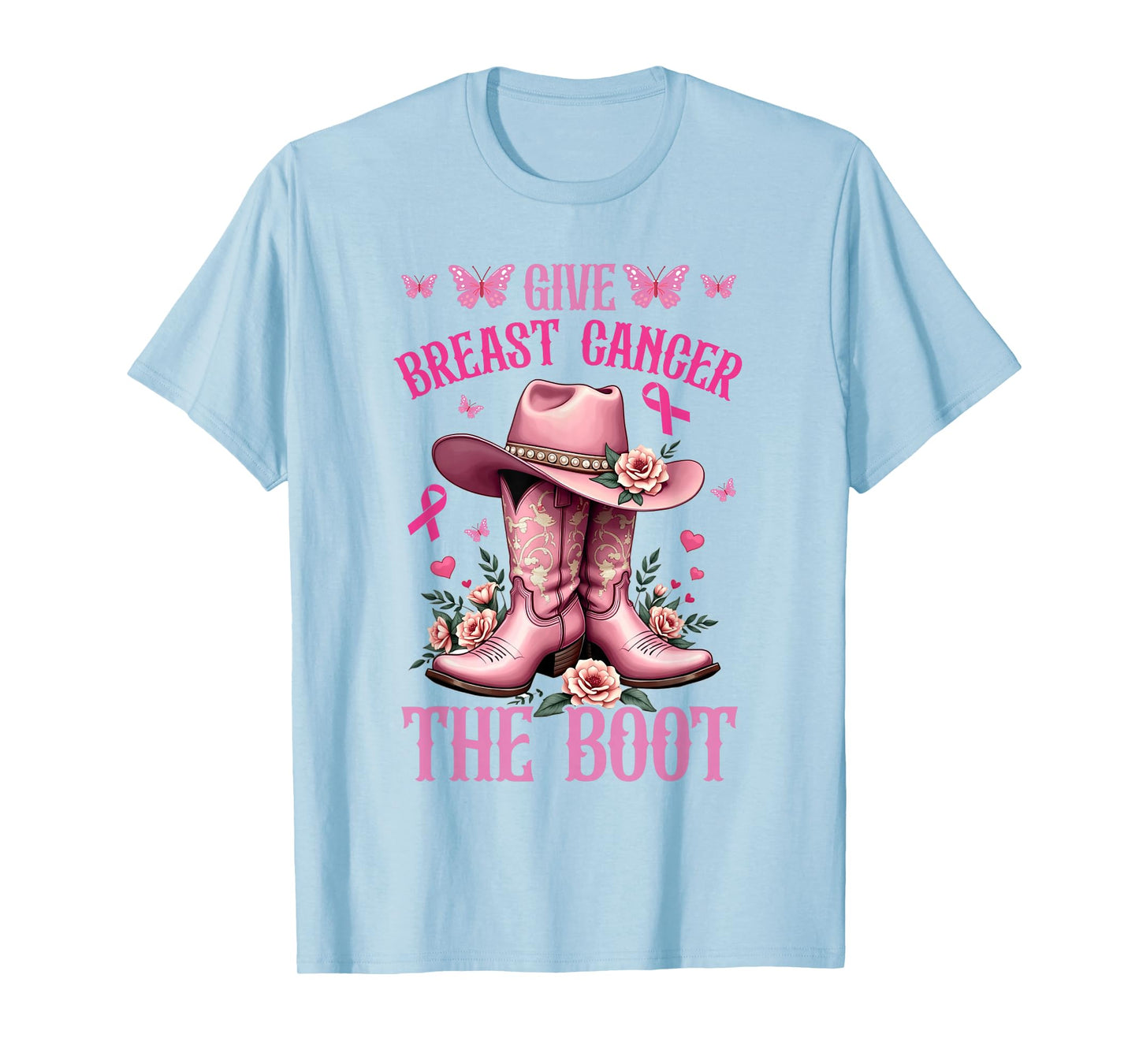 Give Breast Cancer The Boot Cowgirl Cancer Awareness Ribbon T-Shirt
