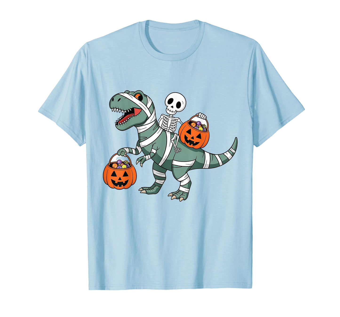Skeleton Riding Mummy Dinosaur T rex Halloween Funny Pumpkin T-Shirt