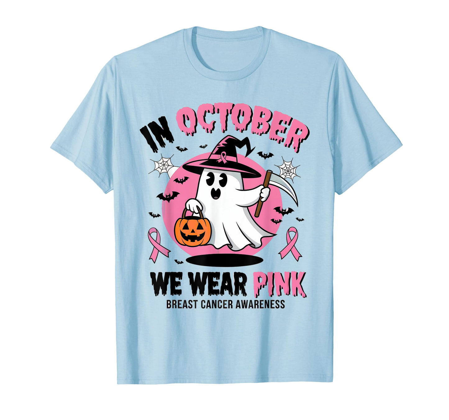 In October We Wear Pink Ghost Witch Breast Cancer Awareness T-Shirt