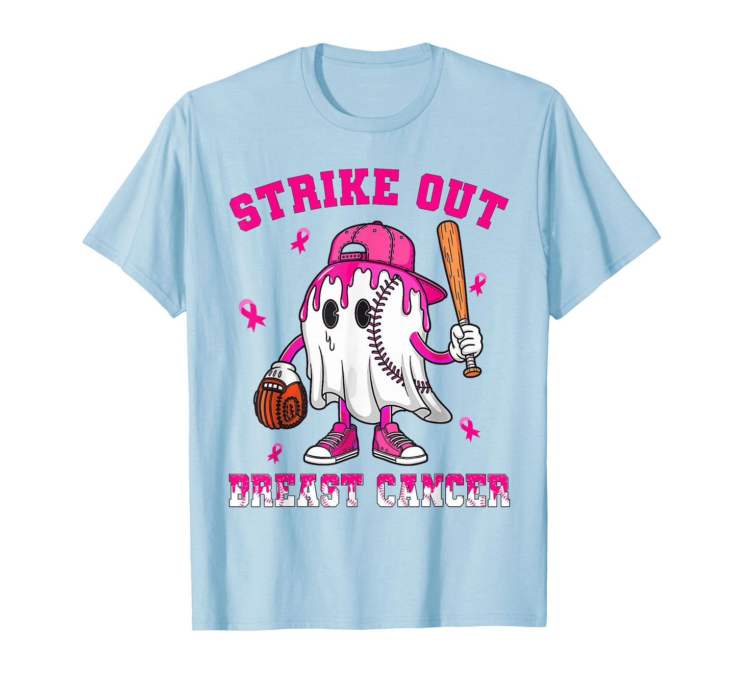 Strike Out Breast Cancer Shirt Boy Baseball Drip Pink Ribbon T-Shirt