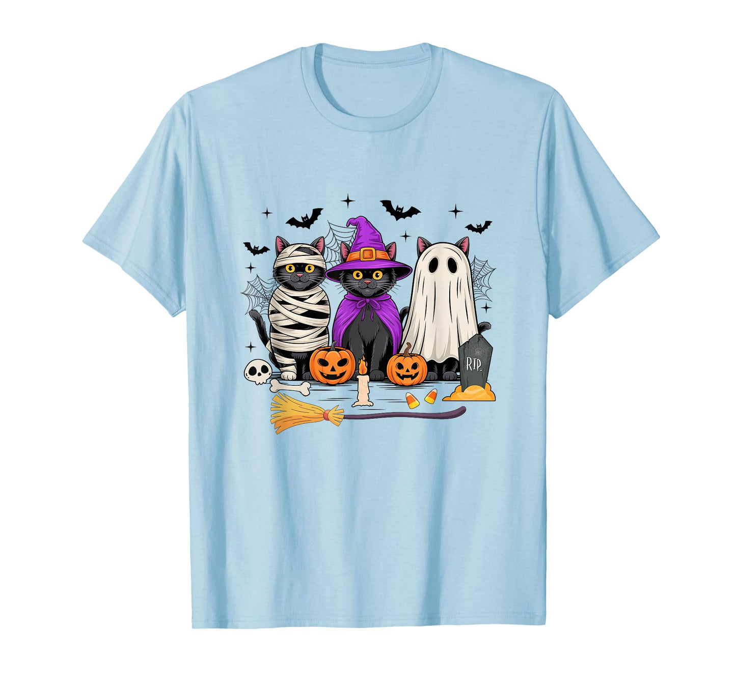 Retro Black Cat Witch Scary Halloween Pumpkin Women Men Kids T-Shirt