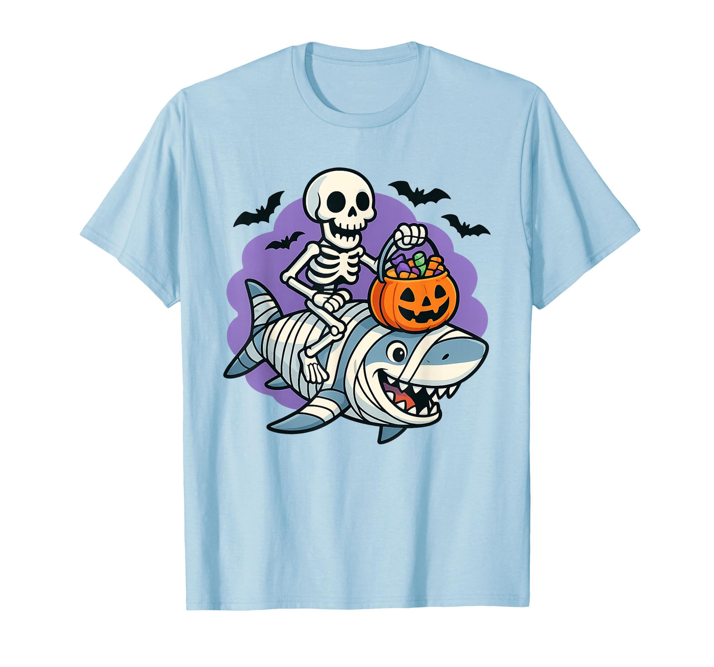 Skeleton Riding Mummy Shark Funny Halloween Pumpkin Kids T-Shirt