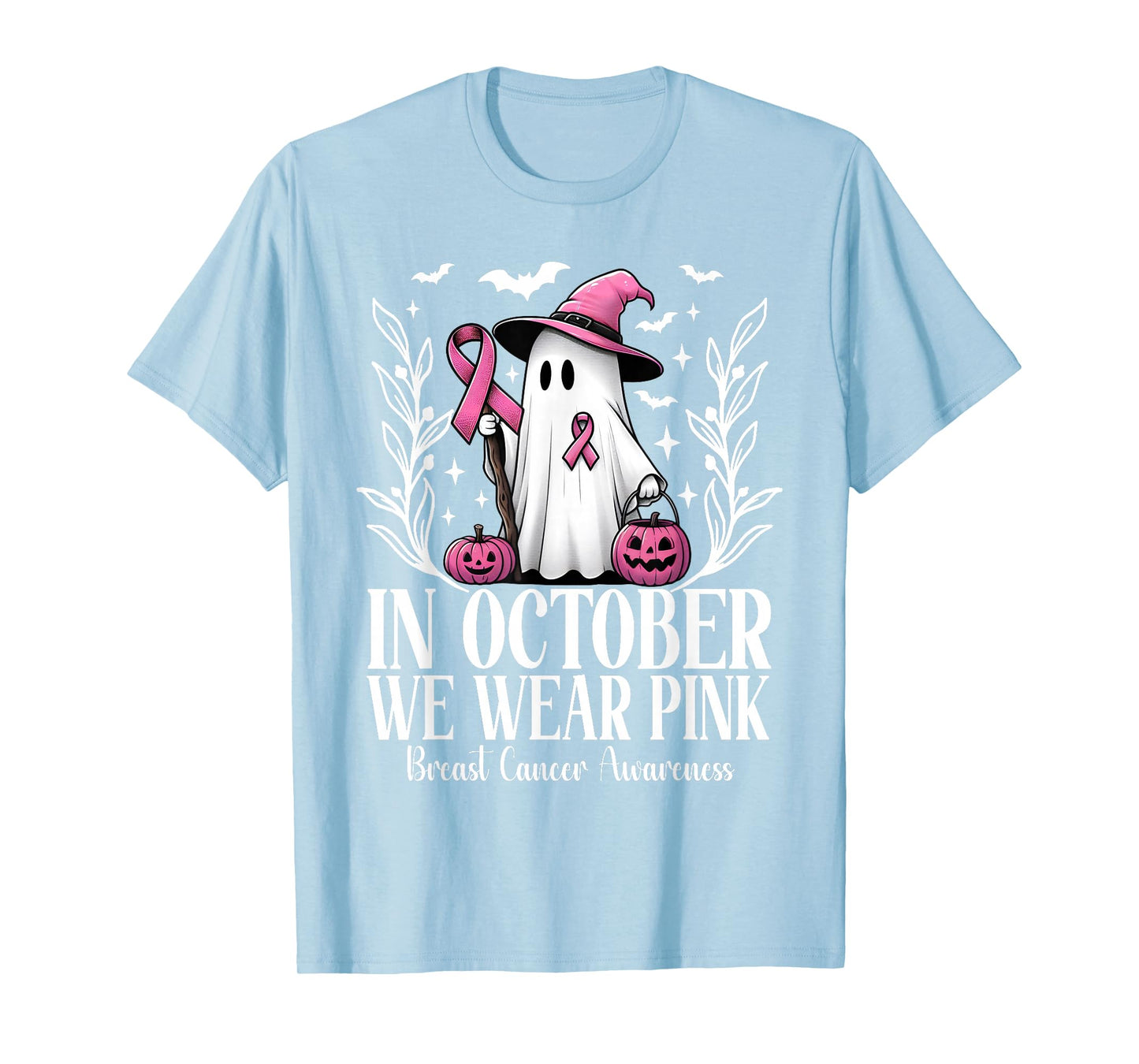 In October We Wear Pink Breast Cancer Ghost Witch Halloween T-Shirt
