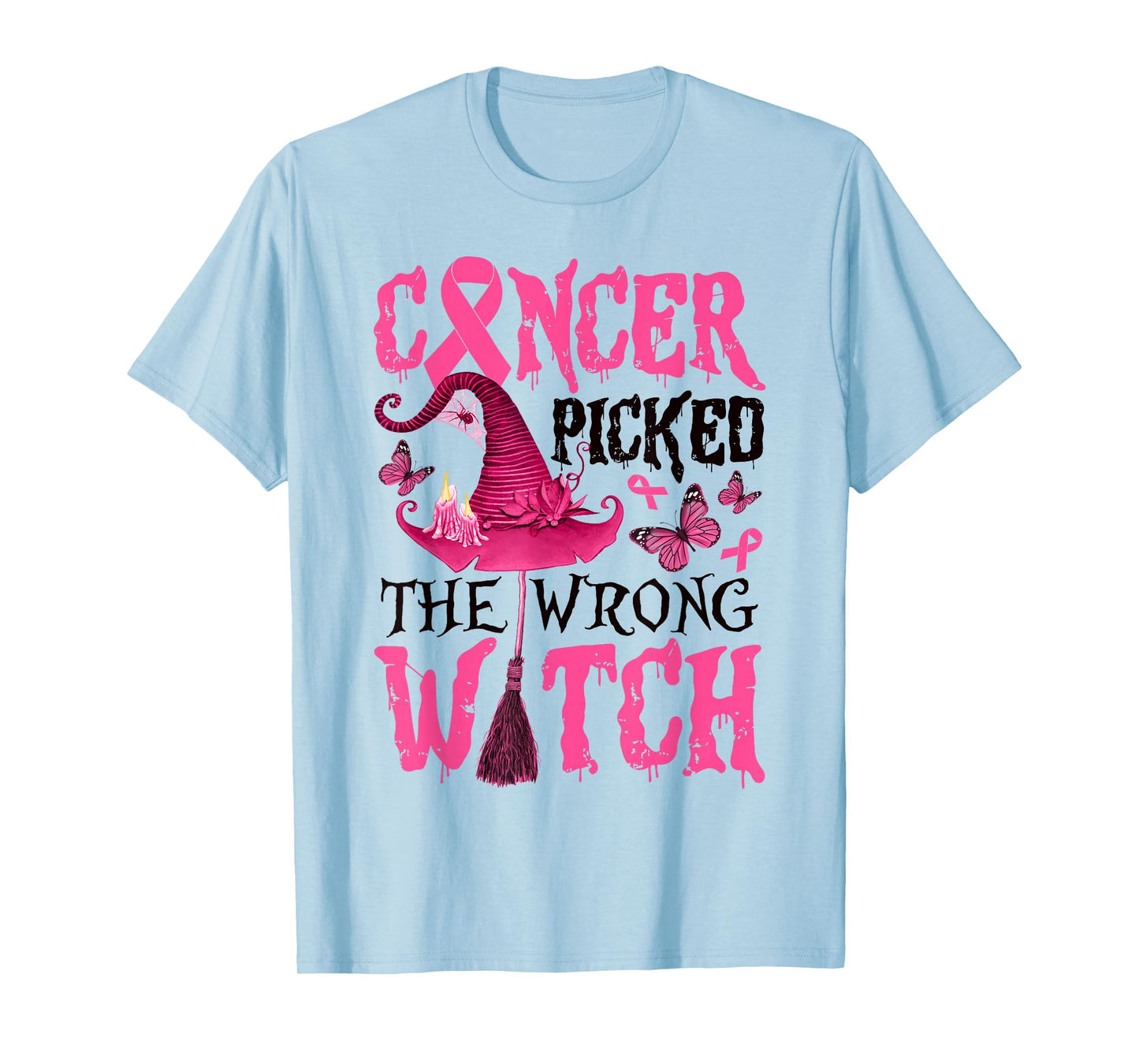 Breast Cancer Picked The Wrong Witch Halloween Women Girls T-Shirt
