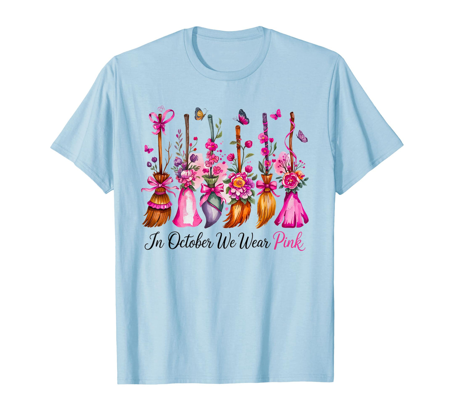 in October We Wear Pink Witch Broom Breast Cancer Awareness T-Shirt
