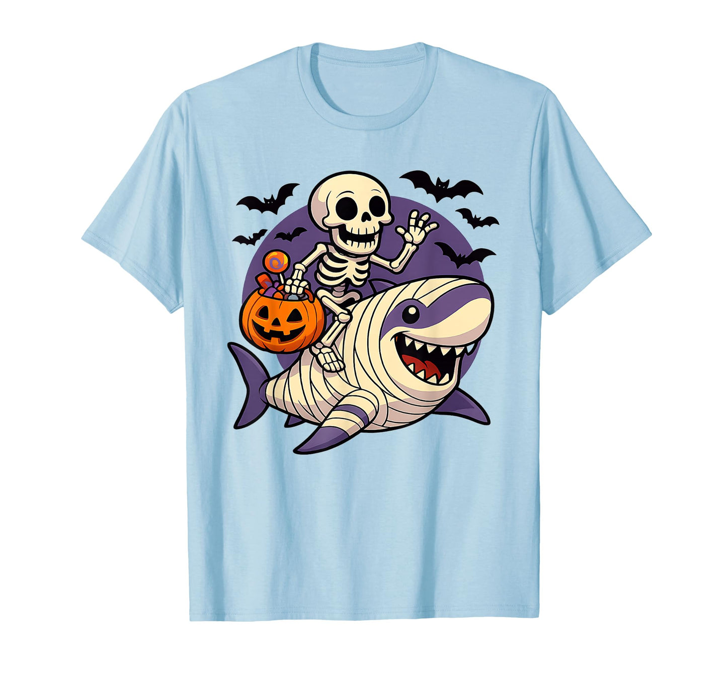 Skeleton Riding Mummy Shark Funny Halloween Pumpkin Kids T-Shirt