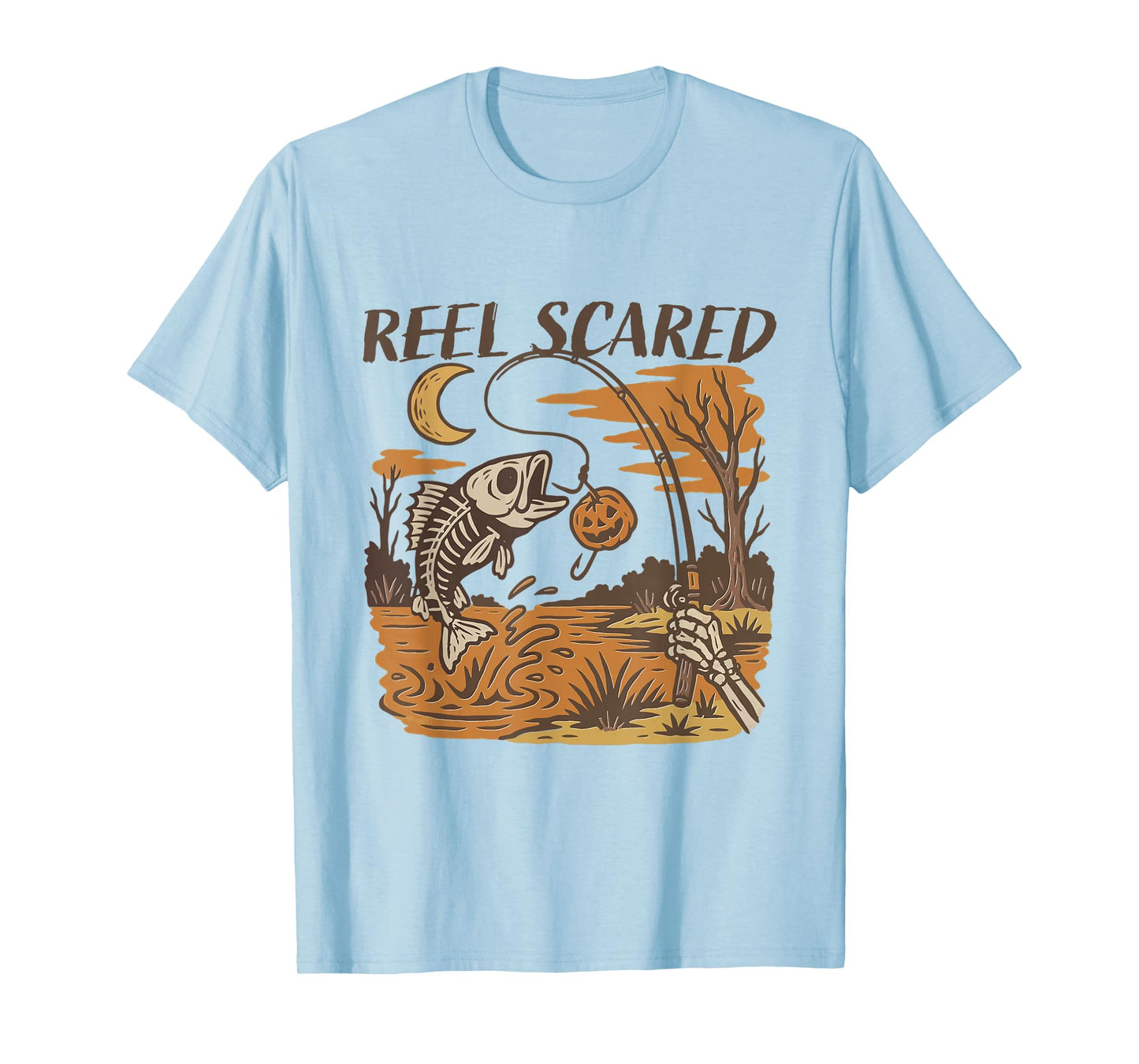 Reel Scared Halloween Fishing Funny Skeleton Fisherman T-Shirt