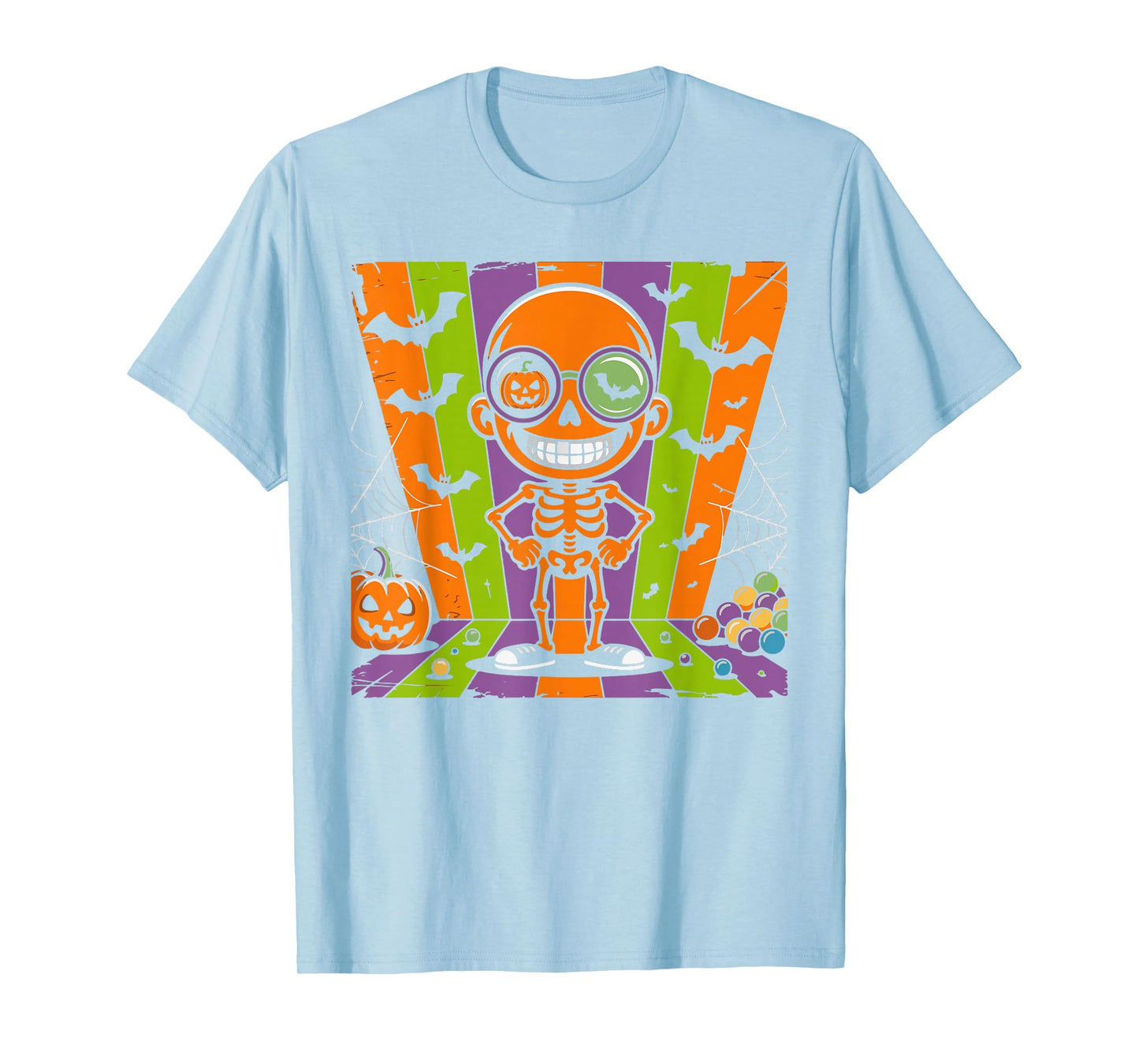 Funny Retro Skeleton with Candy Pumpkin Glasses Halloween T-Shirt