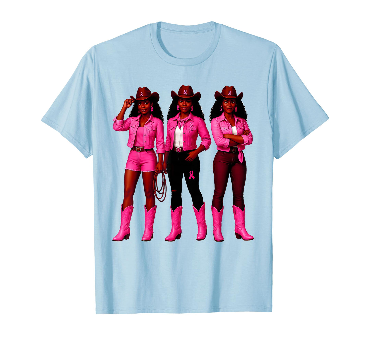 Western Cowgirls Pink Ribbon Breast Cancer Black Women Girls T-Shirt