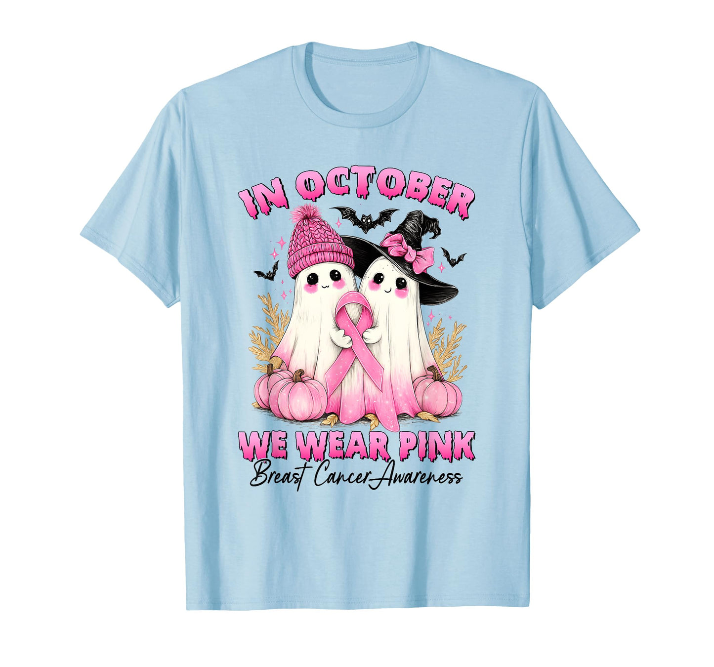 in October We Wear Pink Ghost Witch Breast Cancer Awareness T-Shirt