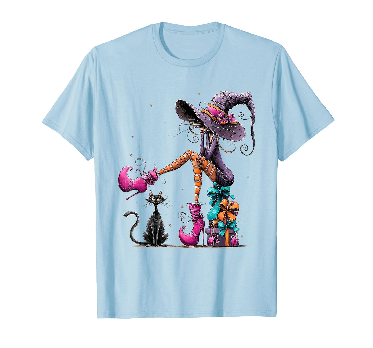 Spooky Witch High Heels with Black Cat Halloween Pumpkin T-Shirt