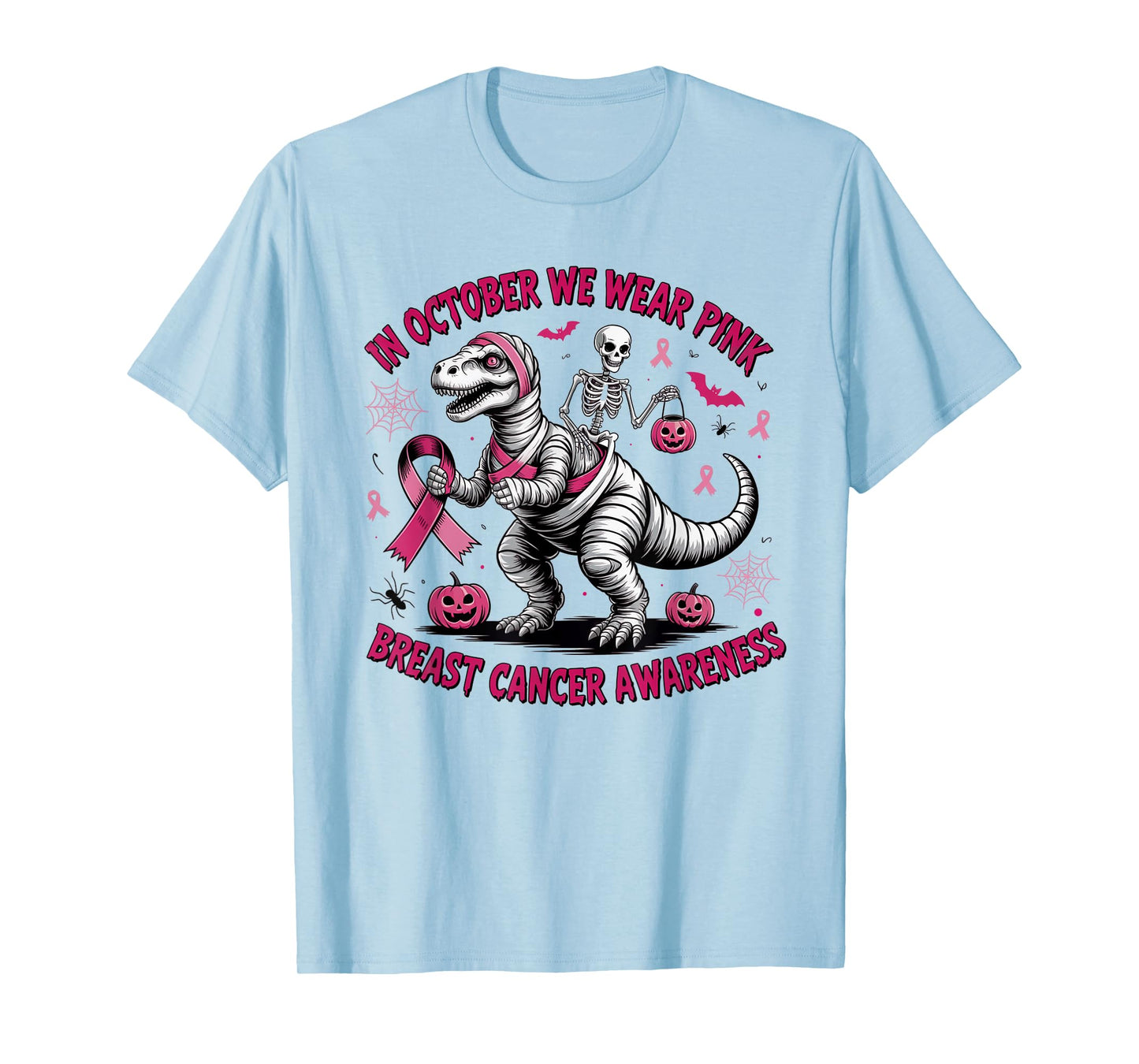 in October We Wear Pink Dinosaur Skeleton Breast Cancer T-Shirt