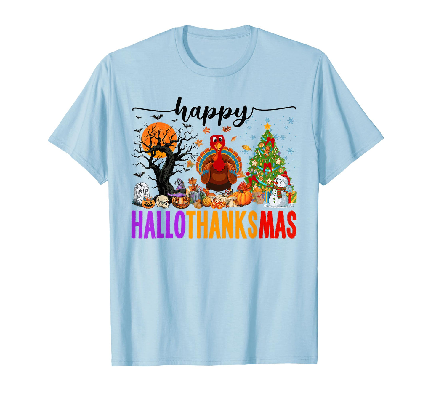 Happy Hallothanksmas Halloween Thanksgiving Christmas Kids T-Shirt