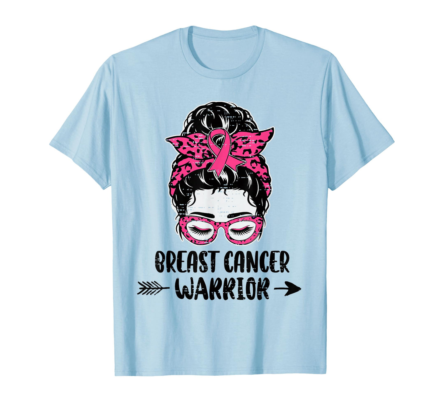 Breast Cancer Warrior Awareness Women Messy Bun Pink Ribbon T-Shirt