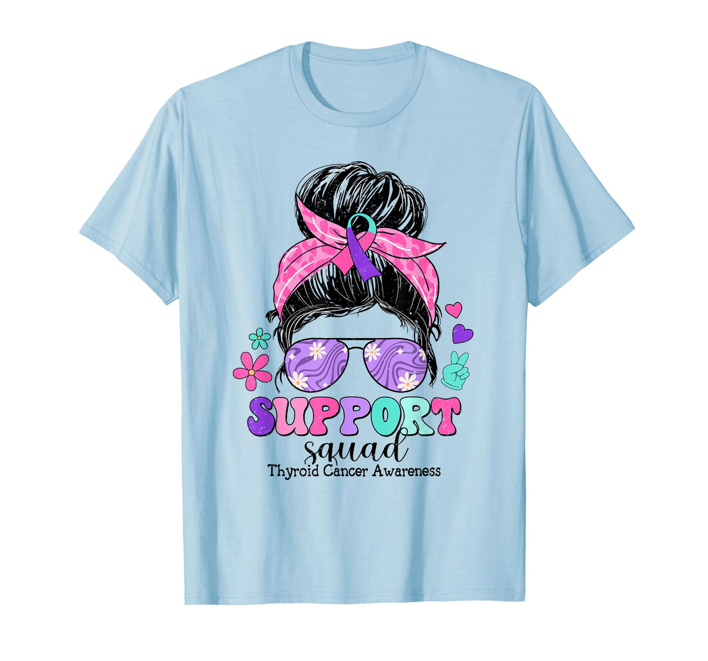 Groovy Support Squad Messy Bun Thyroid Cancer Awareness T-Shirt