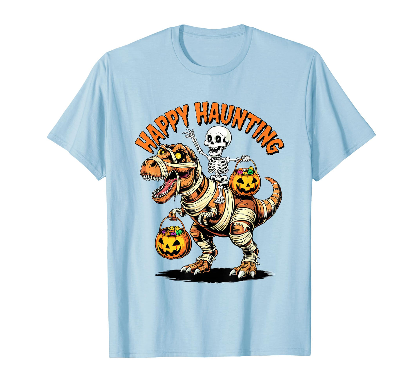 Skeleton Riding Mummy Dinosaur Funny Happy Haunting T-Shirt