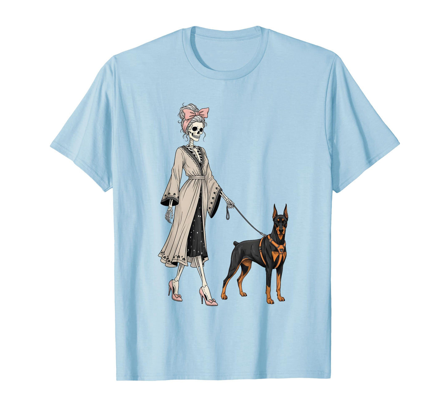 Skeleton Doberman Pinscher Dog Walking Halloween Women T-Shirt