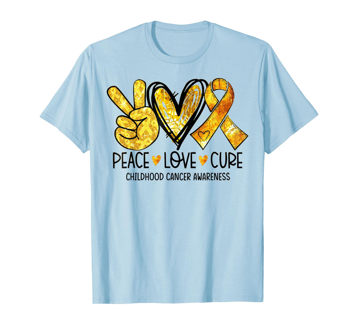 Peace Love Cure Gold Heart Ribbon Childhood Cancer Awareness T-Shirt