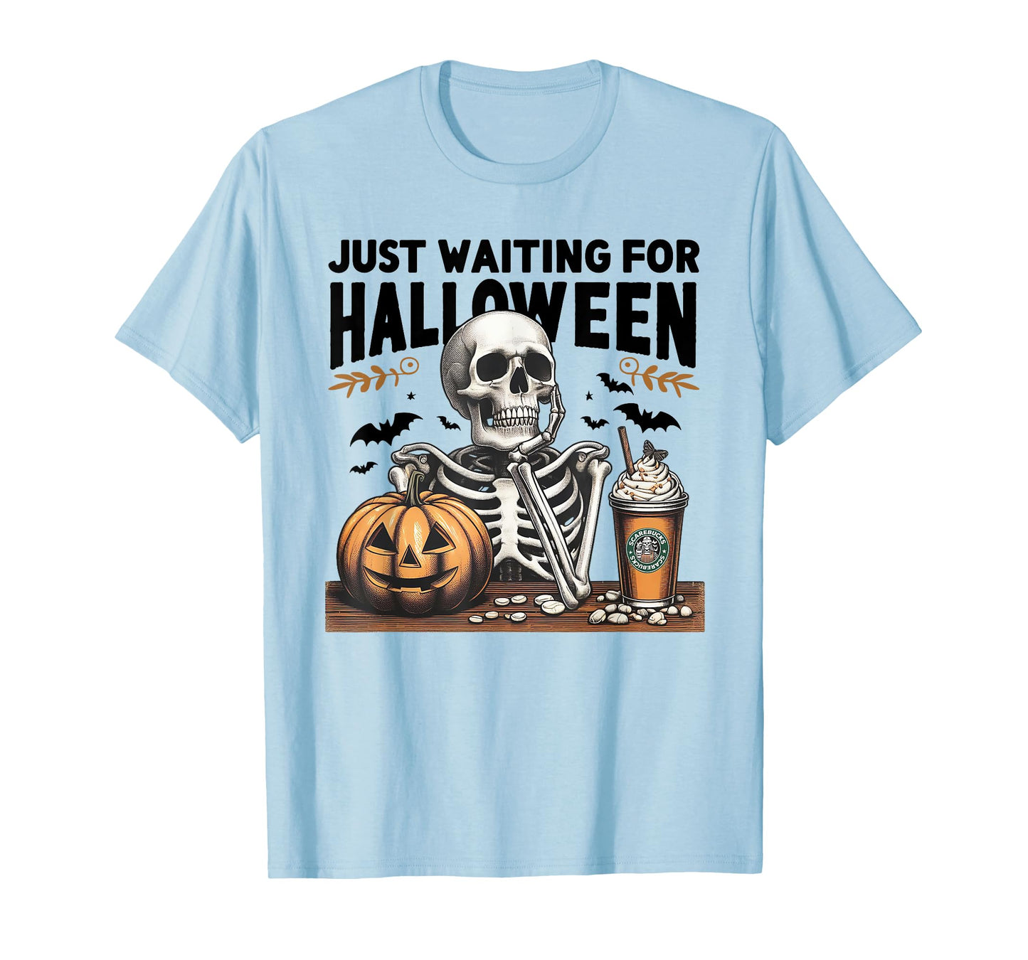 Just Waiting For Halloween Skeleton Ice Coffee Pumpkin T-Shirt