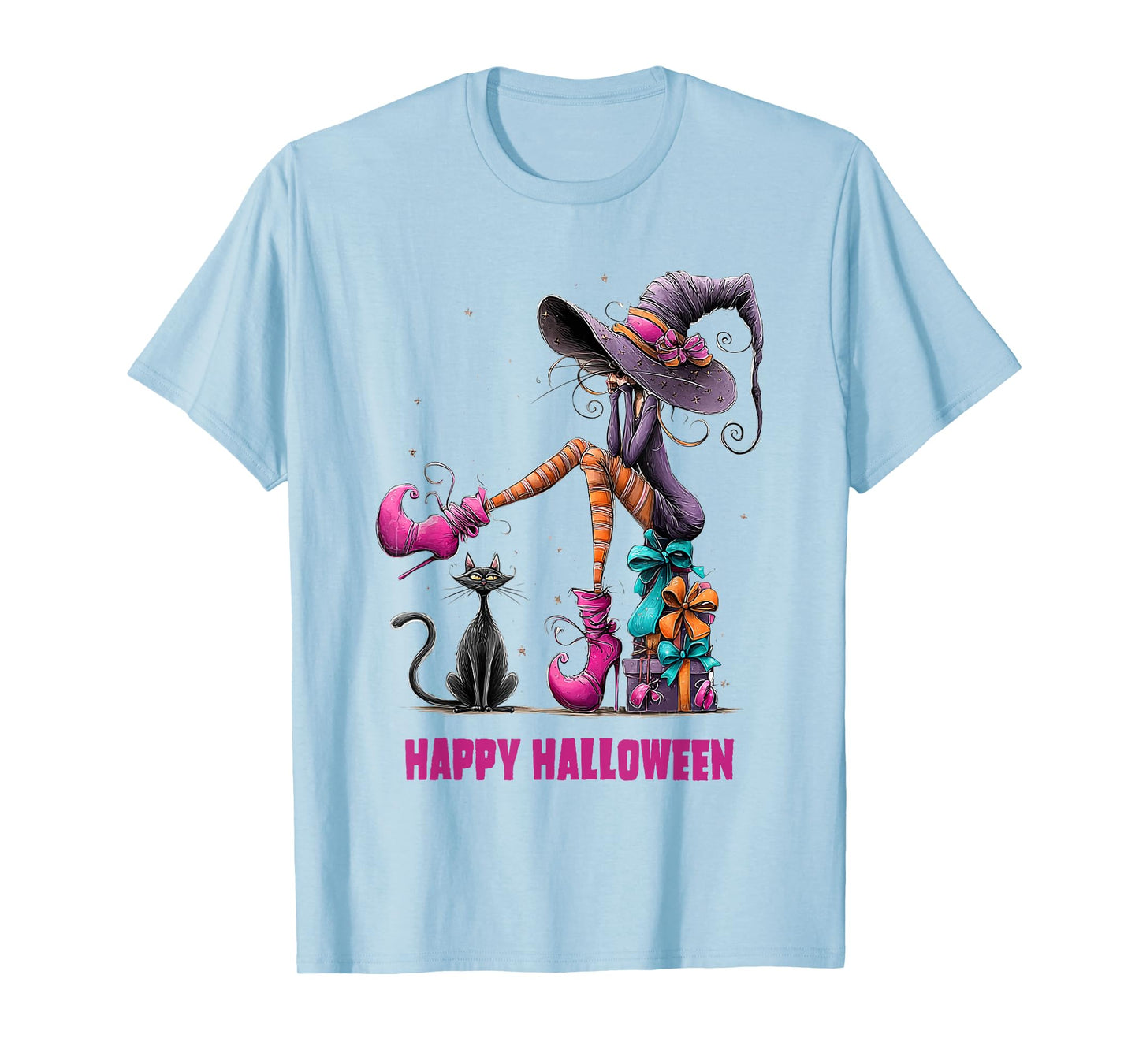 Spooky Witch High Heels with Black Cat Halloween Pumpkin T-Shirt