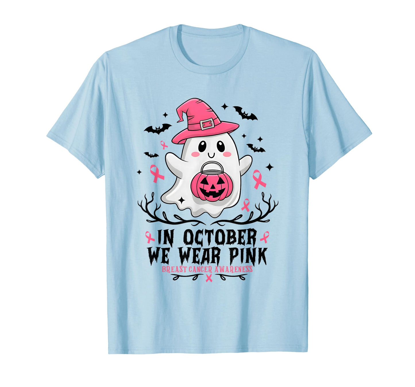 in October We Wear Pink Ghost Witch Breast Cancer Awareness T-Shirt