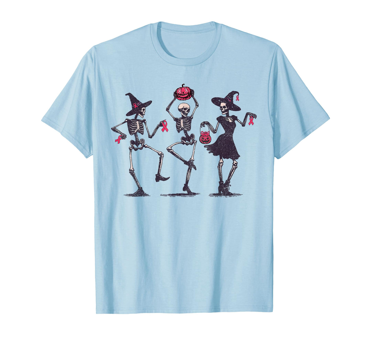 Dancing Skeleton Witch Pink Ribbon Breast Cancer Halloween T-Shirt
