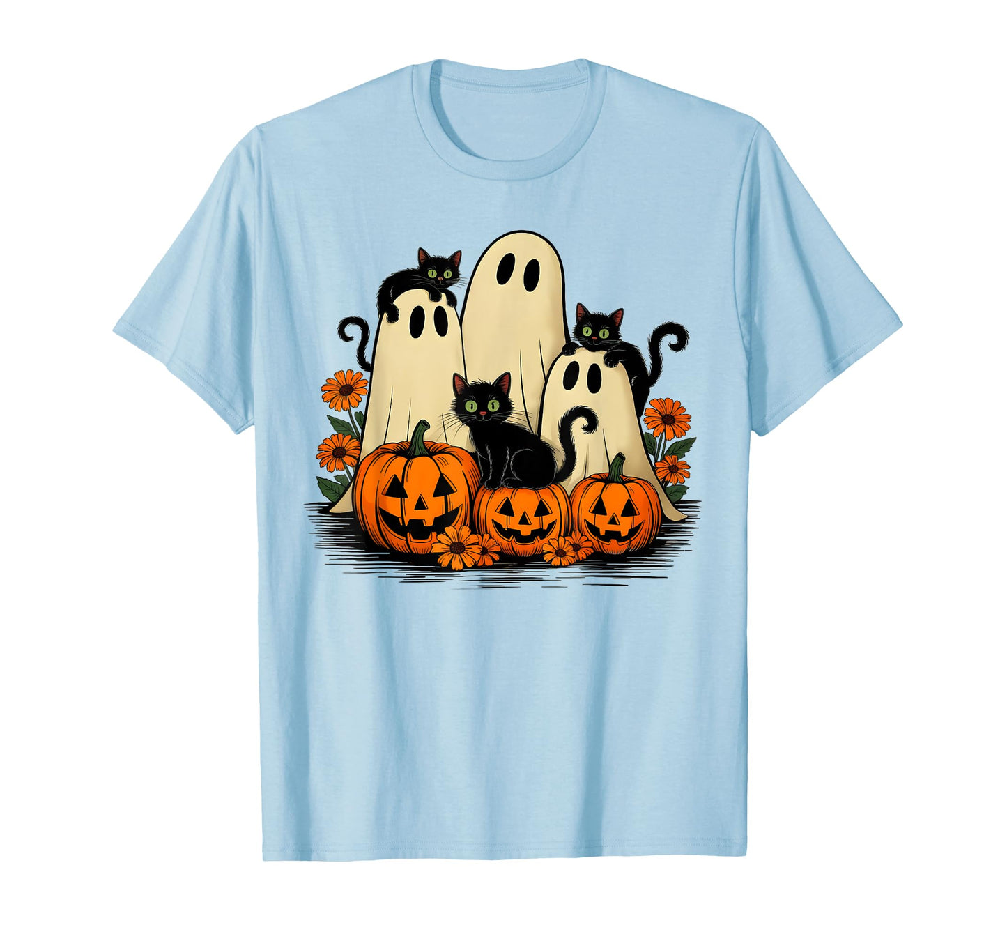 Retro Floral Ghost Coquette Bow Pumpkin Halloween Black Cat T-Shirt