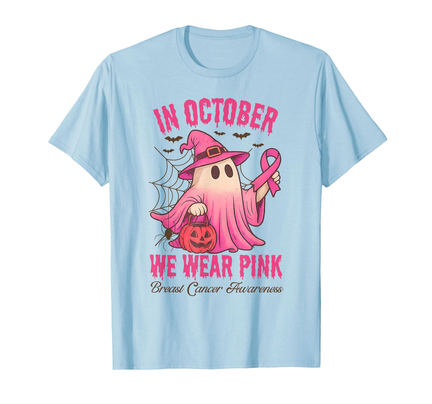 in October We Wear Pink Ribbon Ghost Witch Halloween Costume T-Shirt