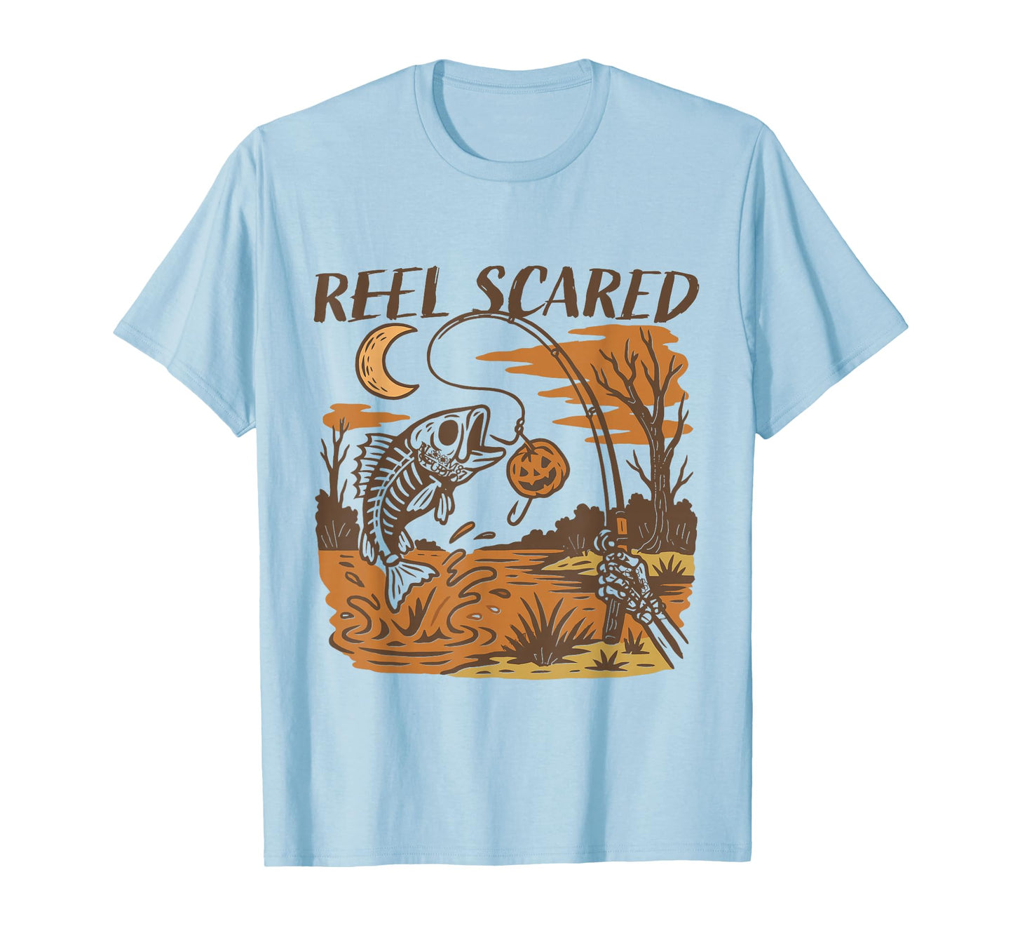 Reel Scared Halloween Fishing Skeleton Fisherman Spooky Fall T-Shirt