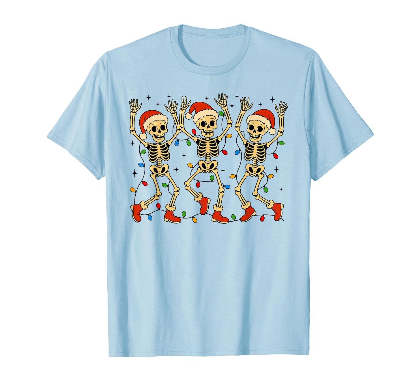 Funny Christmas Dancing Skeletons with Santa Hat Xmas Lights T-Shirt