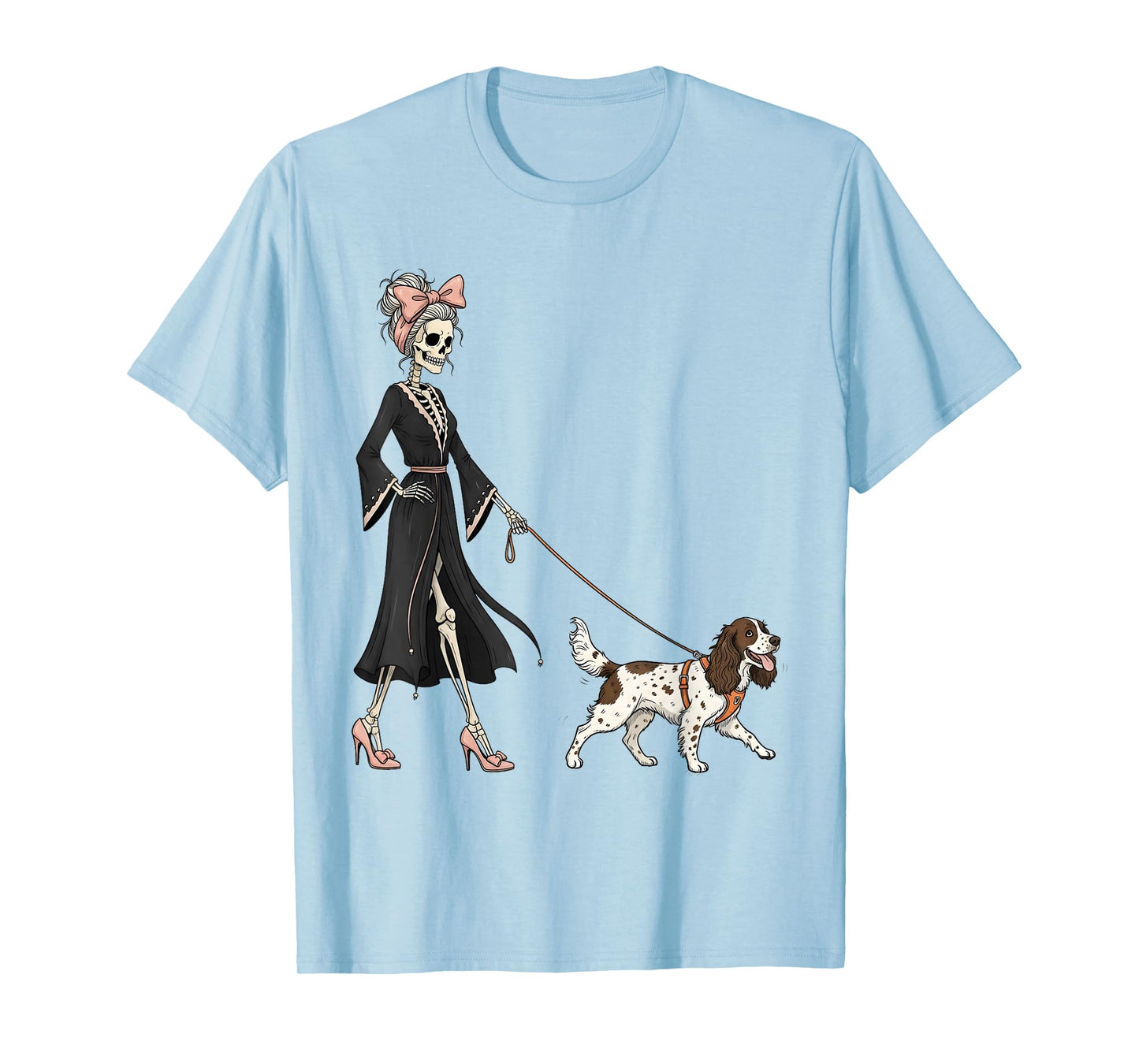Skeleton English Springer Spaniel Dog Walking Halloween T-Shirt