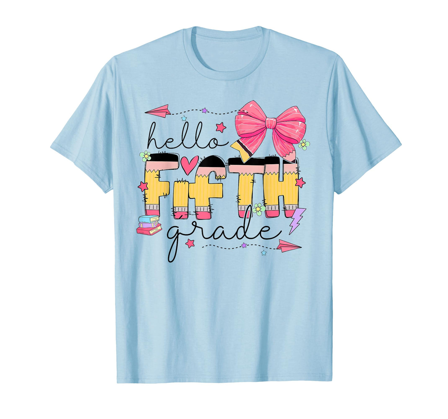 Back To School Hello Fifth Grade Teacher Coquette Pencil Bow T-Shirt