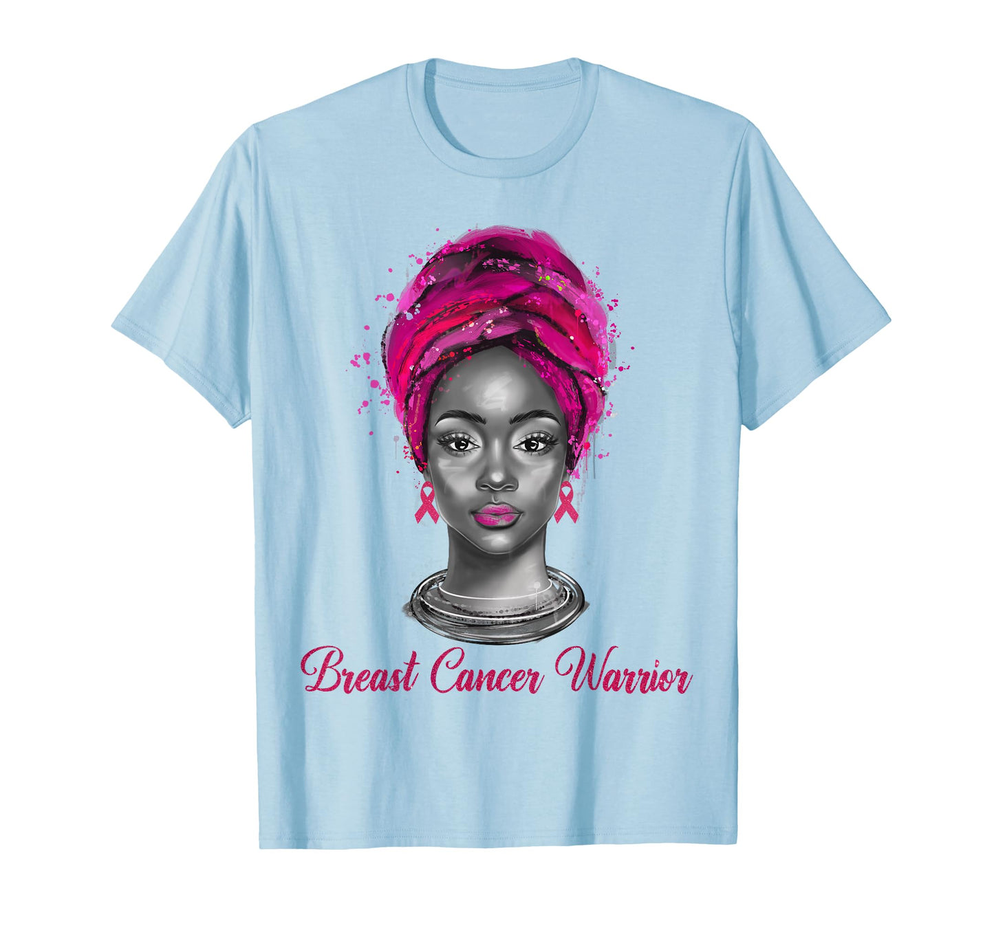 Breast Cancer Warrior Black Queen Afro Woman Pink Ribbon T-Shirt