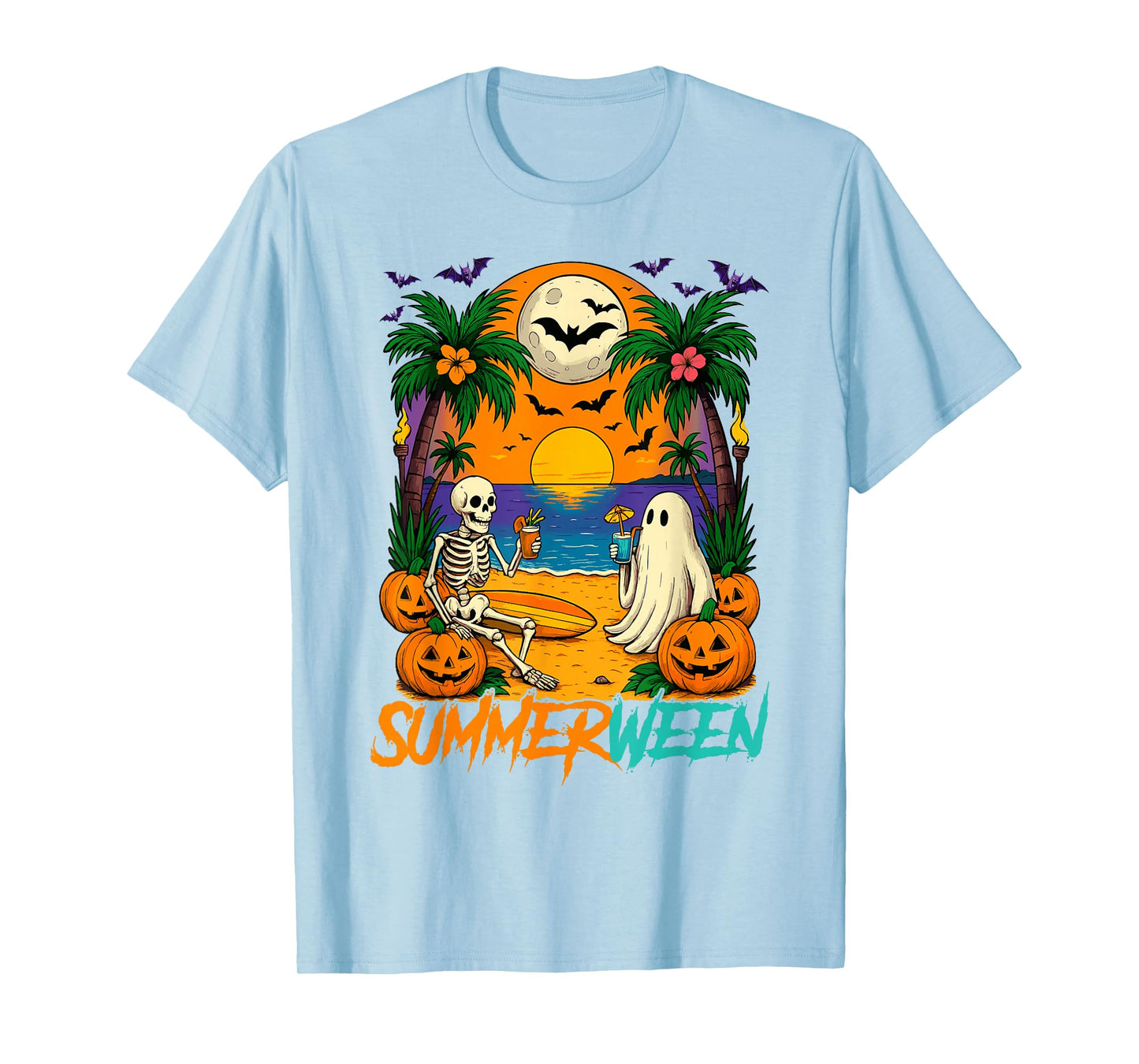 Summerween Ghost & Skeleton Halloween Summer Beach Vacation T-Shirt