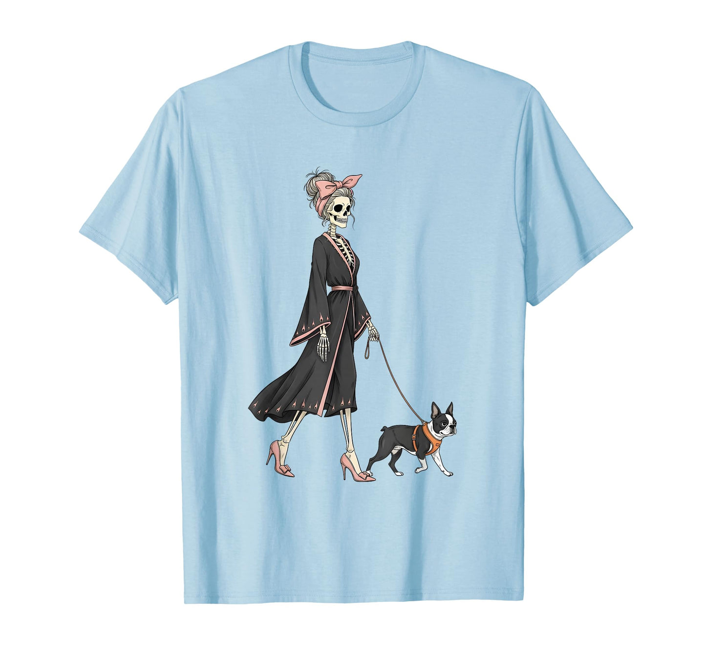 Skeleton Boston Terrier Dog Walking Halloween Women T-Shirt