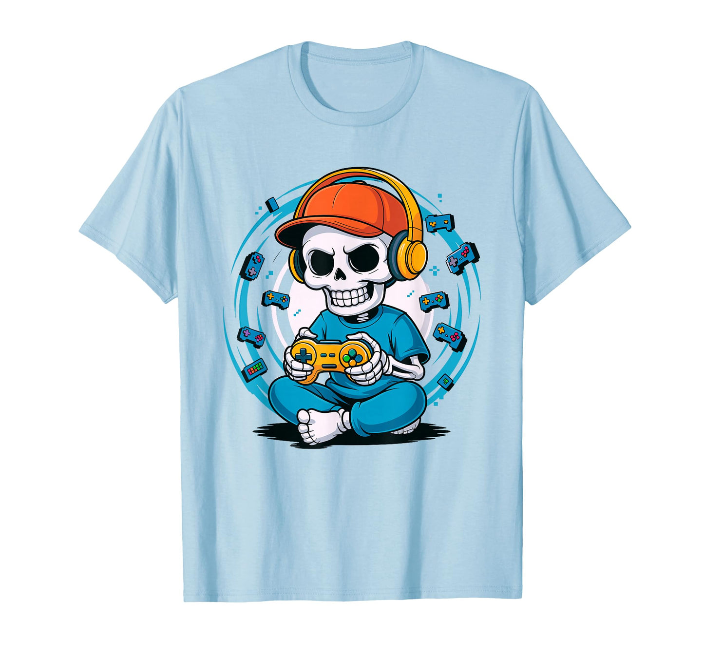 Skeleton Gamer with Controller Funny Cartoon Gaming Skull T-Shirt