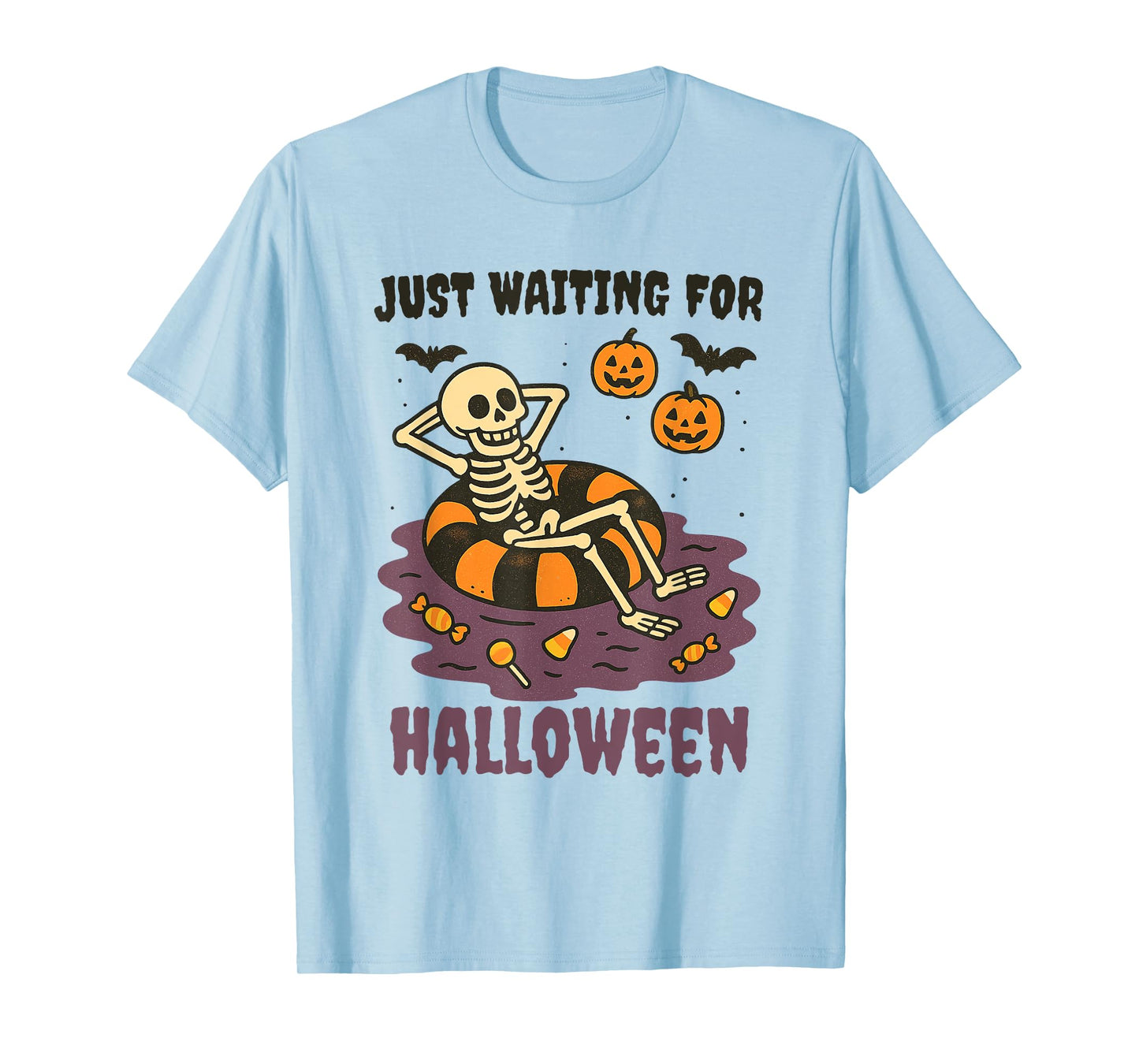 Just Waiting for Halloween Funny Skeleton Spooky Summerween T-Shirt