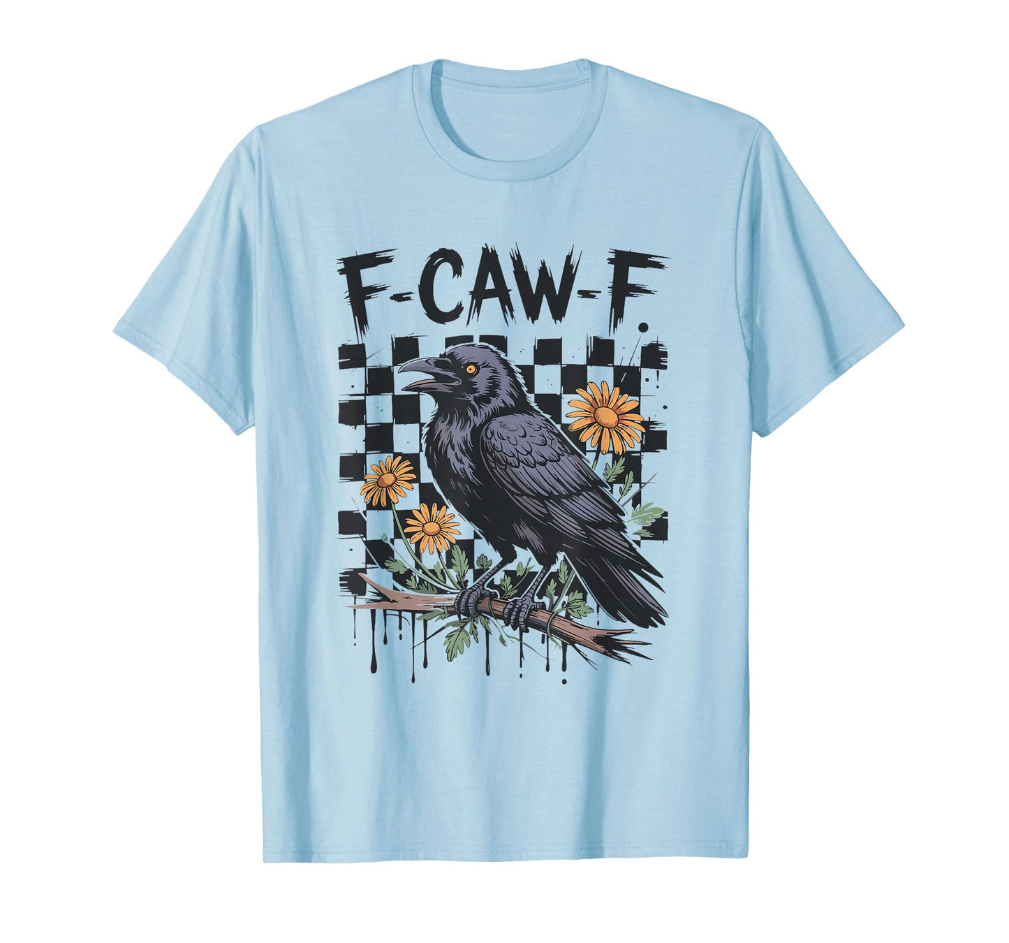 Checkered Floral Crow Raven F-CAW-F Halloween Dark Bird T-Shirt