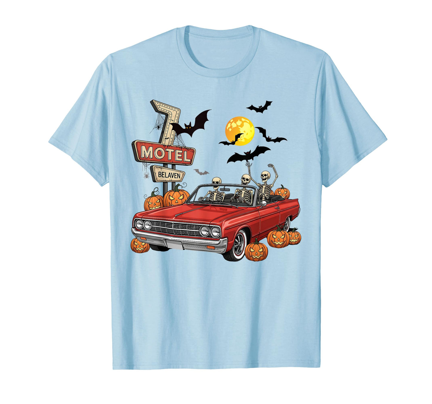 Skeletons Halloween Car Ride with Pumpkins and Moon T-Shirt