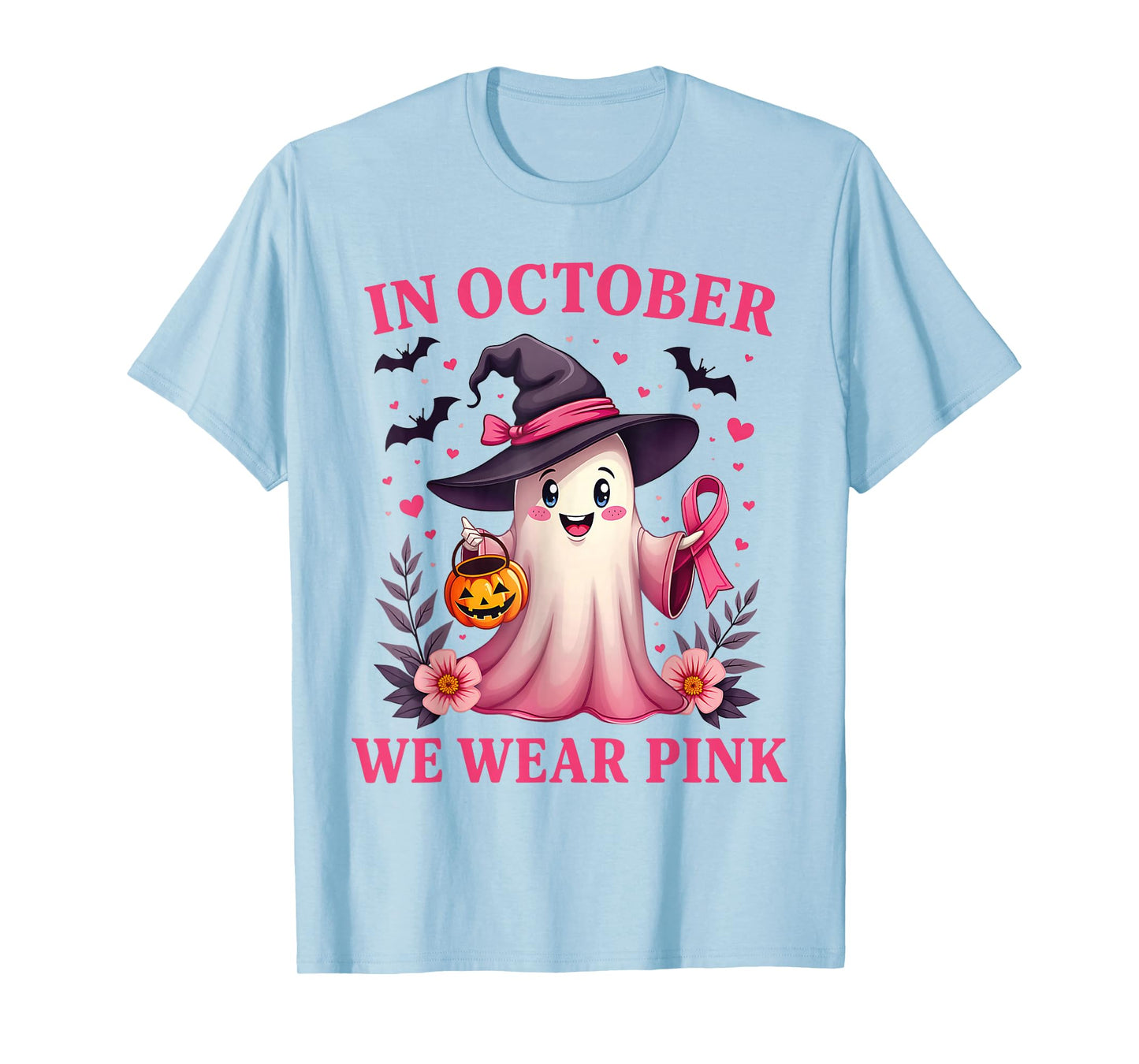in October We Wear Pink Ghost Witch Breast Cancer Awareness T-Shirt